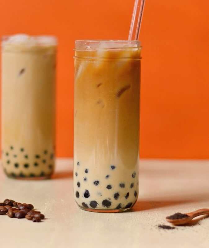 Coffee Milk Tea at Kuma Boba -served in reusable glass mason jars